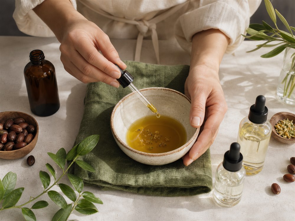A maker blending botanical oil in a ceramic bowl