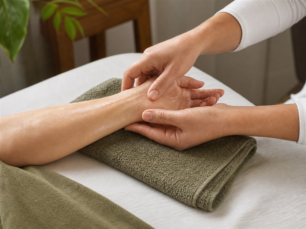 A professional therapist performing a hand massage