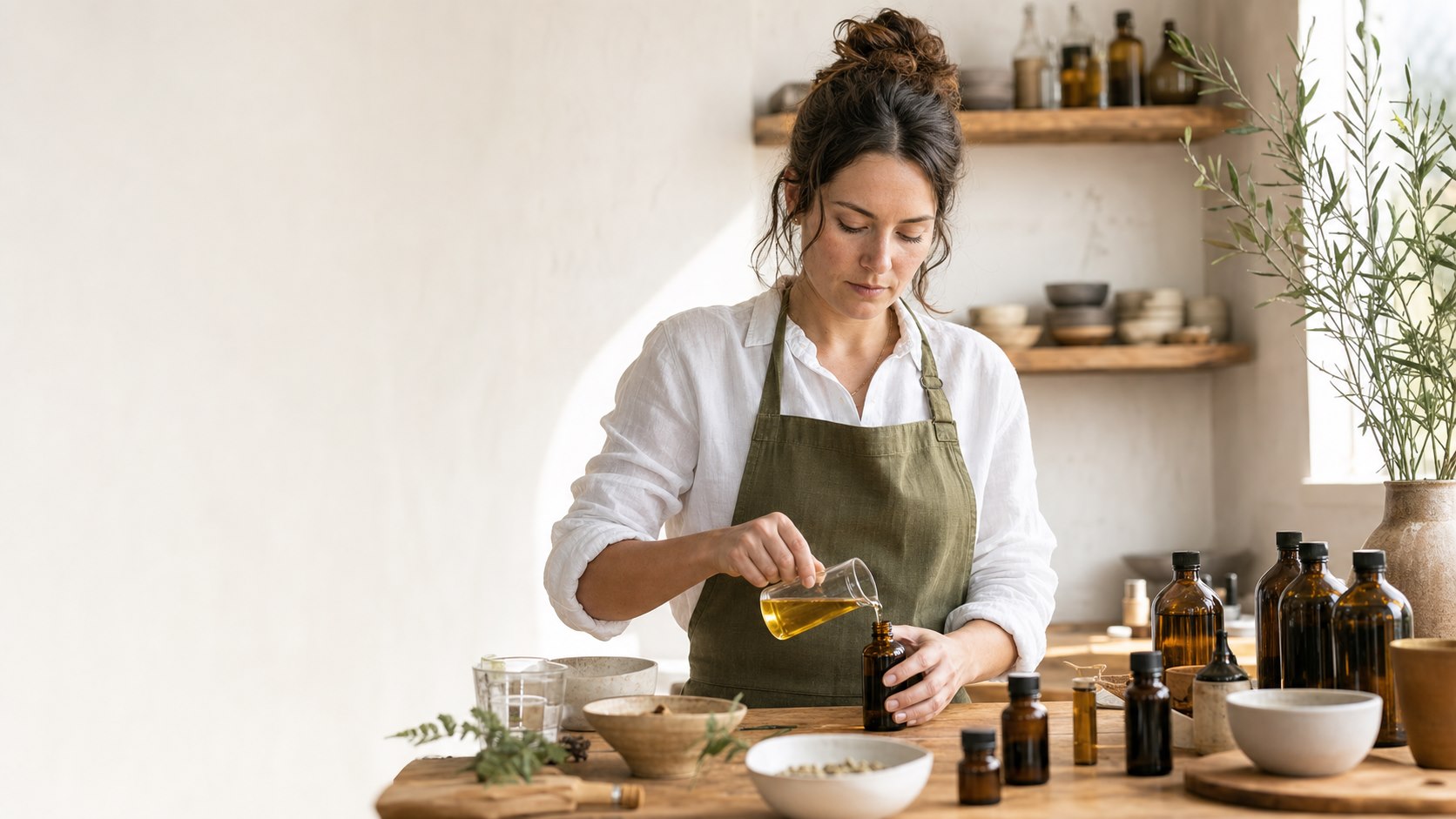 An oil maker working in a bright Oregon studio