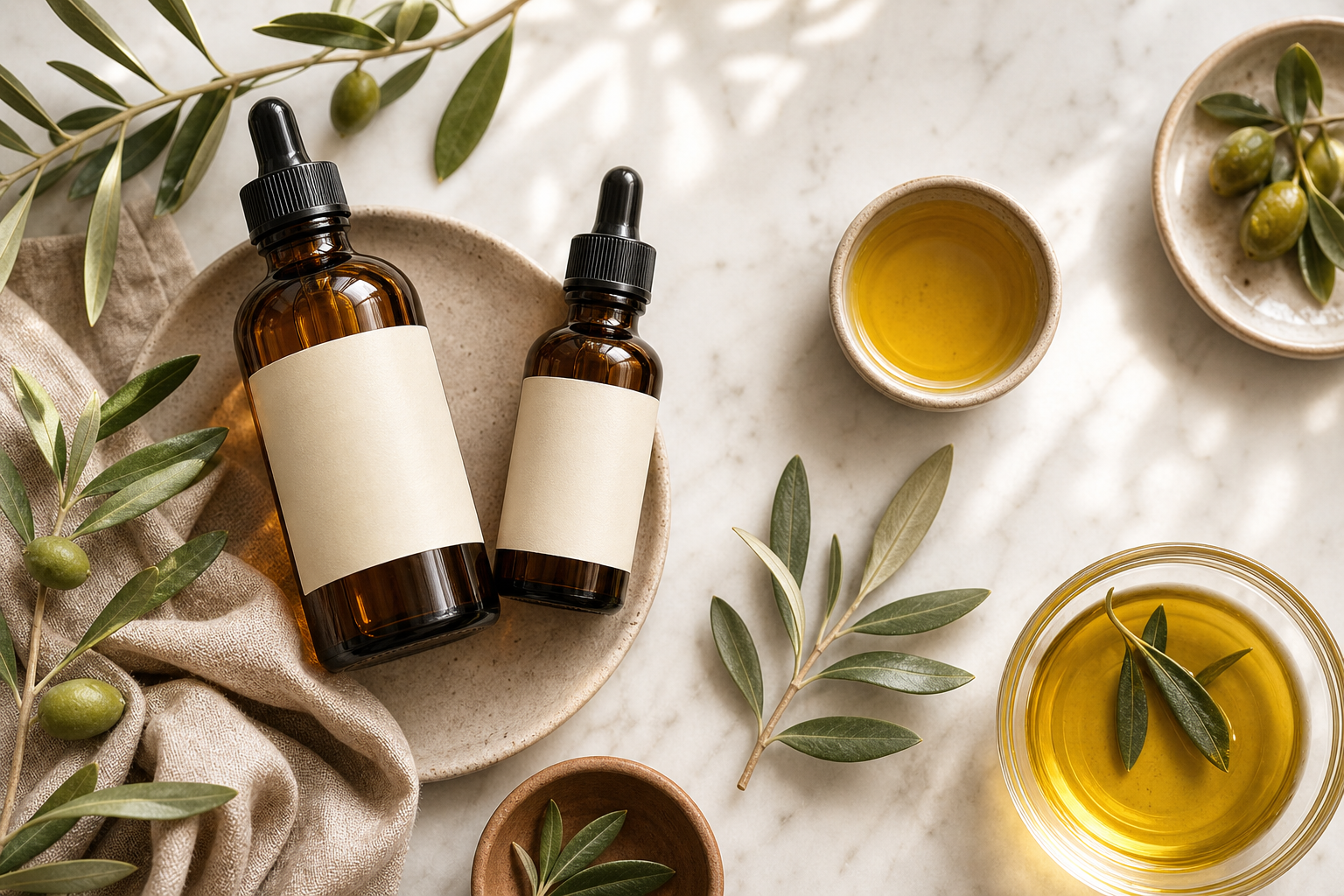 Carrier oils with amber bottles, botanicals, and golden oil bowls